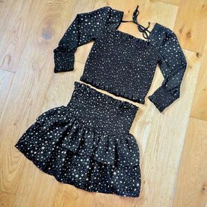 Girls' Celestial Gold Star Foil Print Smocked Ruffle Shirt Skirt Outfit Set